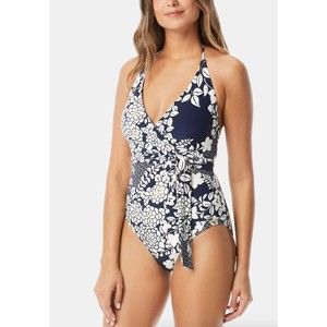 Vince Camuto Blue Deep Sea Floral Wrap One Piece Swimsuit Size 4